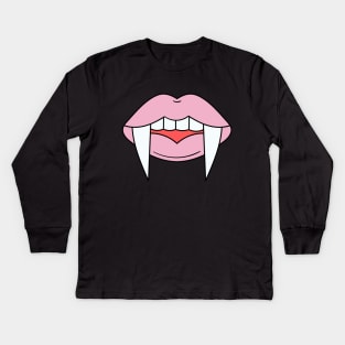 Vampire Girl fangs and pink lips Zombie Halloween Illustration Kids Long Sleeve T-Shirt